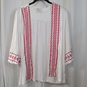 0X 1X Style Co Jersey Knit 3/4 Sleeve Open Front Cardigan White Red Embroidered